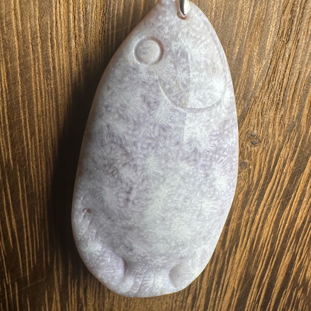 Ice Purple Coral Fossil Jade Fish Pendant Necklace on Brown Faux Suede - Picture 7 of 16